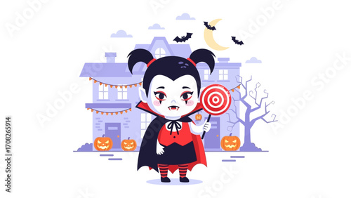 Vampire Kid in Halloween Costume: A charming vampire kid in a captivating costume stands before a spooky house decorated for Halloween. with jack o lanterns and bats in the night sky 