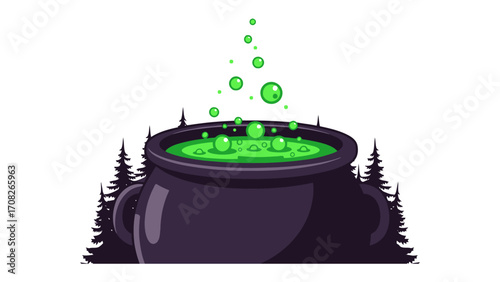 Mysterious Cauldron: A mysterious cauldron boils with bubbling green liquid, and effervescent bubbles, hinting at an enchanting brew.