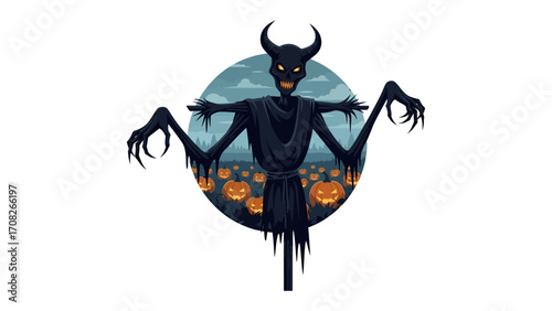 Creepy Scarecrow in the Pumpkin Patch: A menacing scarecrow looms over a pumpkin patch. The scene captures a blend of eeriness and playful horror, ideal for Halloween.