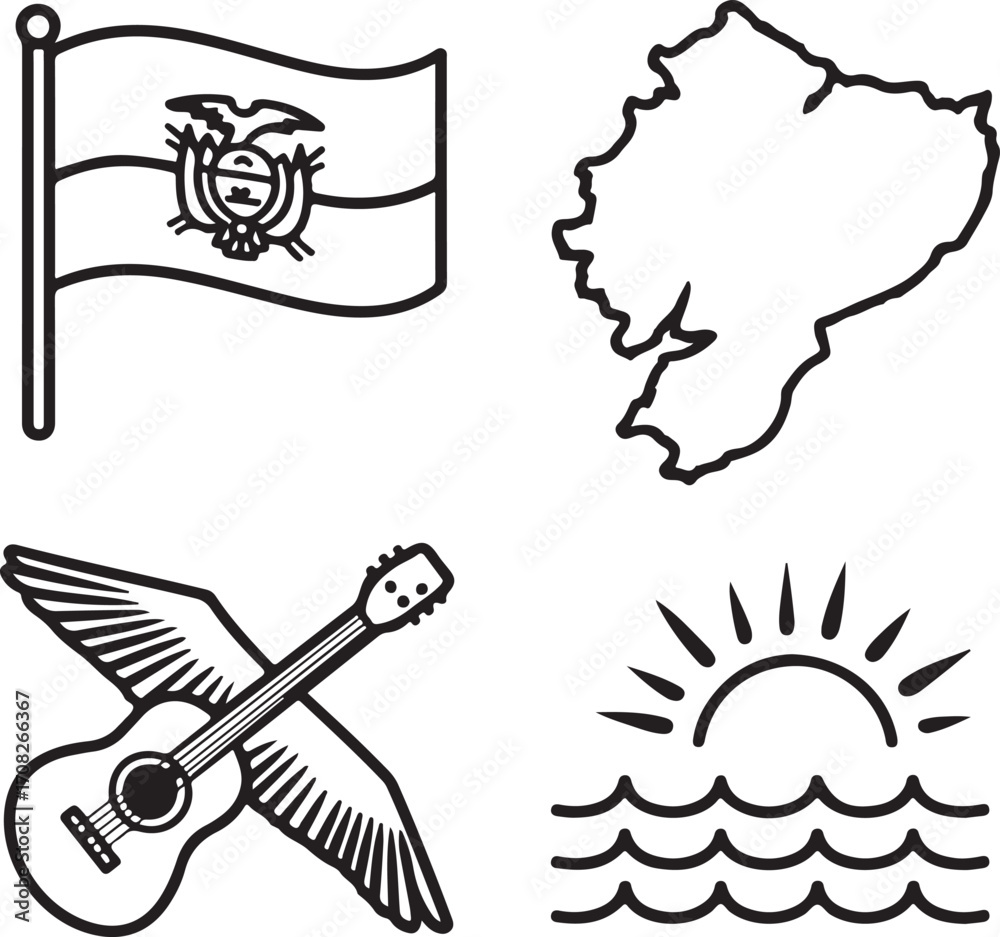 Obraz premium Hand-Drawn Ecuador Travel and Nature Icons Pack Flag, Map, Condor, Mountain, Sun, Guitar, Waves, and Heritage Symbols