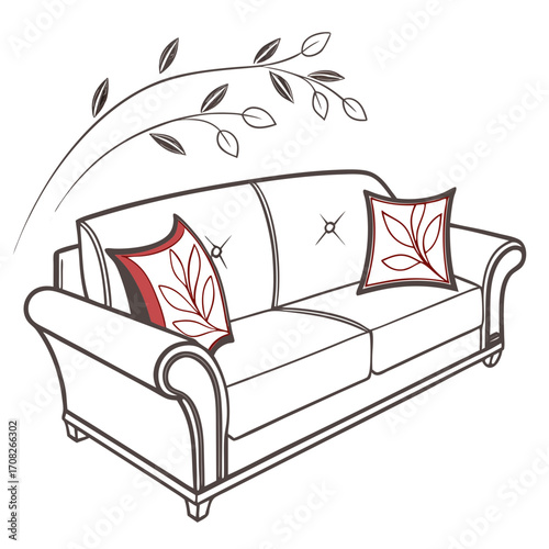 Elegant Sofa with Decorative Pillows and Leafy Accents
