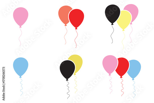 Balloon in cartoon style. Bunch of balloons for birthday and party. Flying ballon with rope. Blue, red, yellow and green ball isolated on white background. Flat icon for celebrate and carnival.
