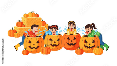 Joyful Halloween Revelry: Children immersed in playful halloween fun. This image is a vibrant depiction of kids enjoying a splashy halloween fun.