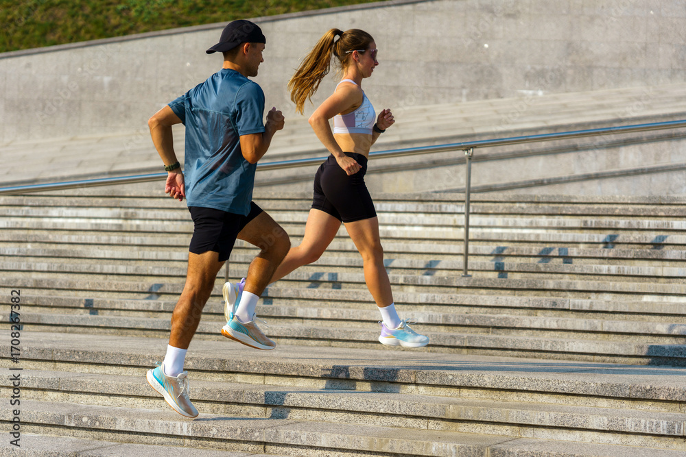 Obraz premium Couple jogs up stone steps outside for exercise and fitness