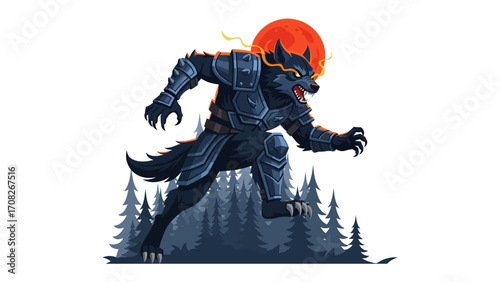 Werewolf's Midnight Run: An imposing werewolf in full armor dashes powerfully through the night, with fiery aura and a vibrant blood moon overseeing his formidable presence.