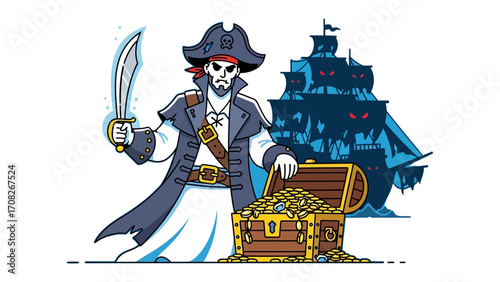 Pirate Treasure Adventure: A fearsome pirate stands guard over his ill-gotten treasure, a ghostly vessel lurking in the distance, a cartoonish illustration of the high seas and swashbuckling spirit.