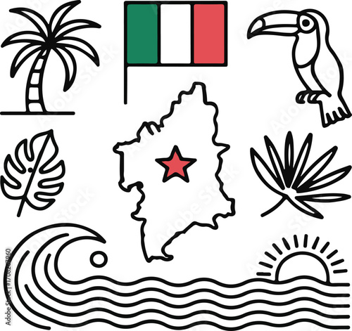 Hand-Drawn French Guiana Nature and Culture Icons Pack Flag, Map, Star, Palm Tree, Toucan, River, Leaf, and Amazon Heritage Symbols