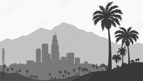 Los angeles skyline silhouette with palm trees  distant mountains, perfect for travel websites, city guides, posters, or californiathemed designs.