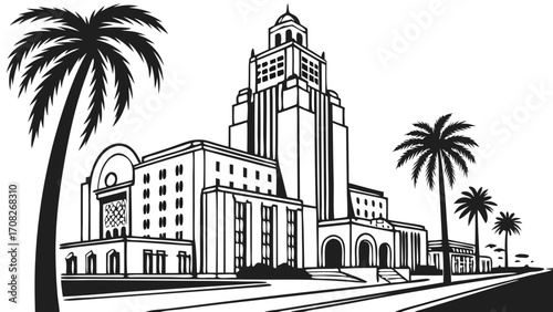 Beverly hills city hall stands out amidst los angeles skyline in a captivating black and white silhouette suitable for citythemed designs.