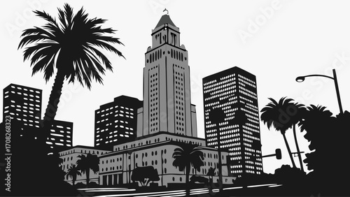Los angeles skyline with city hall and palm trees is perfect for travel blogs, websites, postcards, and cityscape backgrounds.