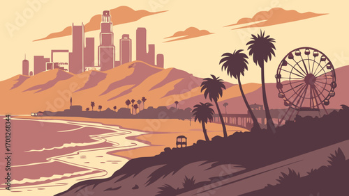 Los angeles beach pier, skyline, cityscape buildings. Ideal for travel brochures, city guides, real estate promotions, and vacation advertisements.