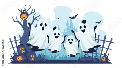 Spooky Specter Gathering: A whimsical illustration of playful spirits, celebrating a chilling festival season with a spooky pumpkin and grinning bats. Capturing the essence of mystery and amusement.
