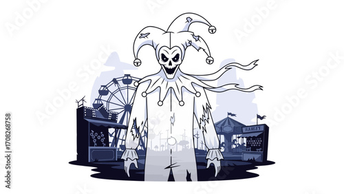 Spooky Jester at Carnival: A sinister jester figure, his skeletal face framed by a jester's cap, looms before a blurred carnival backdrop, inviting both fear and fascination.