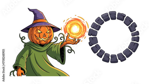 Pumpkin wizard with magical circle: A whimsical cartoon of a pumpkin-headed wizard casting a spell with a vibrant glowing orb of energy with magical circle, perfect for Halloween season.