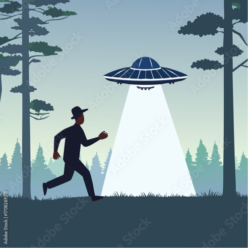 Silhouette of Man Running from UFO Landing in Woods