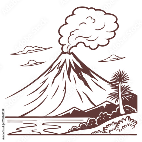 Volcano erupting with smoke billowing into clouds and a calm lake below