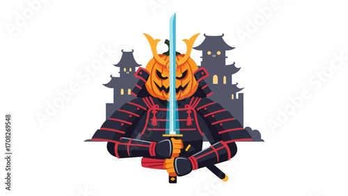 Samurai Pumpkin: A whimsical illustration showcases a samurai warrior, whose head is a carved pumpkin, embodying the spirit of Halloween with a traditional katana and armor.
