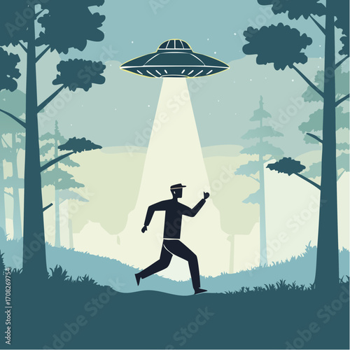 Silhouette of Man Running from UFO Landing in Woods