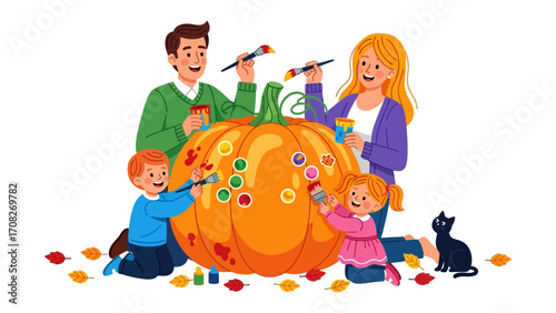 A Family's Artistic Thanksgiving Pumpkin : Witness the heartfelt warmth as a family, immersed in creative fun, paints a magnificent pumpkin, infusing Thanksgiving with color and unity.