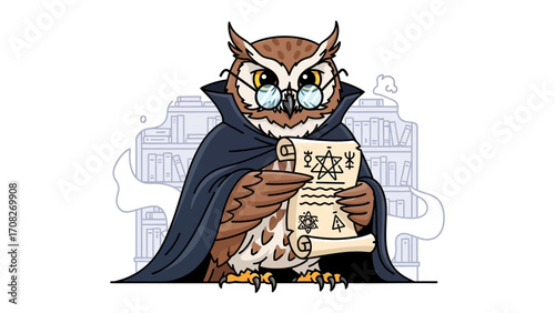 The Owl Scholar: A wise owl, cloaked in scholarly attire, examines an ancient scroll in a detailed illustration, symbolizing knowledge, wisdom, and the pursuit of learning.