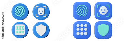 Digital security authentication icons with biometric fingerprint, face recognition, PIN code, and data protection shield