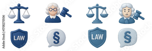 Legal justice symbols set with judge, scales, gavel, law shield, and paragraph sign for court and legal concepts