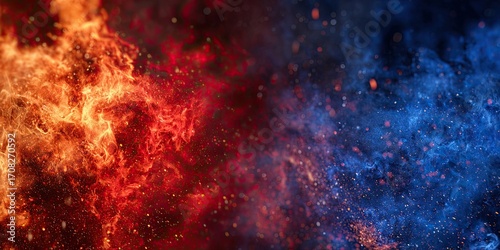 Fire clash on red and blue background, against banner. . Confrontation concept.