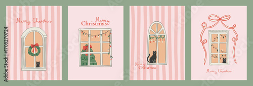 Set of christmas illustration with cat on the window for greeting cards and holiday posters