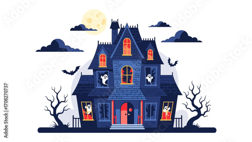 Spooky Mansion under Moonlight: A captivating illustration of a haunted house with spooky details, shrouded in darkness under the moonlight, ready for Halloween.