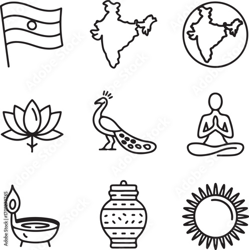Hand-Drawn India Flag and Heritage Icon Pack with Map, Lotus, Peacock, Yoga, and Traditional Motifs