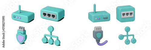 Network devices, data security, and connectivity icons featuring routers, hubs, and USB elements for digital communication