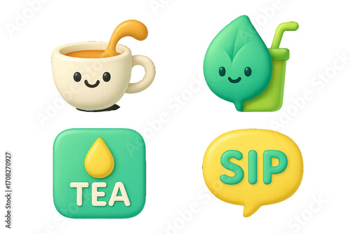 Collection of adorable tea and beverage related icons featuring a smiling cup, a happy leaf, and a sip speech bubble