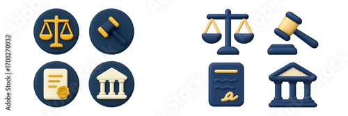 Legal and justice system elements depicting scales, gavel, official document, and courthouse building in modern style