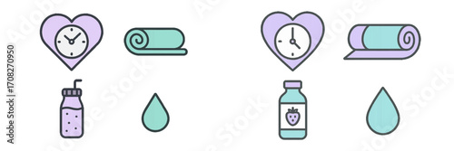 Health and wellness icon set with fitness, nutrition, and self-care symbols for an active lifestyle