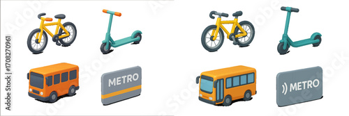 Modern urban public and personal transportation vehicles and signs including bus, bicycle, scooter, and metro station symbols