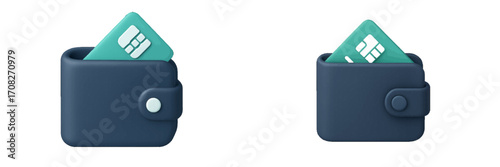 Dark blue wallet with a teal payment card partially visible inside, representing financial transactions and digital payments