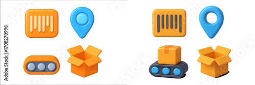 Logistics and delivery service elements with barcode, location pin, conveyor belt, and packaging
