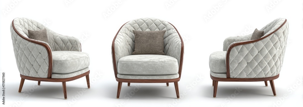 Obraz premium Three views of a light beige quilted armchair with light brown wood legs