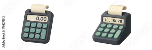 Set of two stylized accounting calculators with paper rolls for financial calculations and business operations