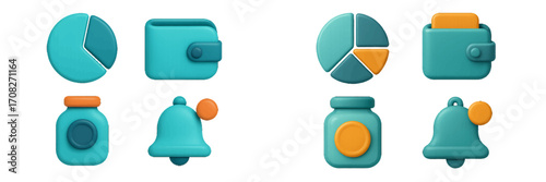 Collection of modern business and finance icons including pie chart wallet jar and notification bell