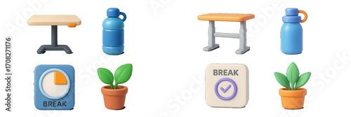 Stylized 3D objects for office breaks and personal well-being, including tables, water bottles, potted plants, and timer icons