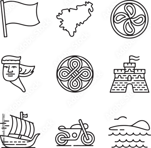 Hand-Drawn Isle of Man Heritage and Identity Icons Pack Flag, Map, Triskelion, Castle, Viking Ship, Knotwork, Motorcycle, and Sea Symbols