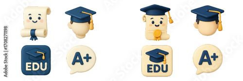 Collection of academic success icons featuring a graduation cap, rolled diploma, and A plus grade symbols for education