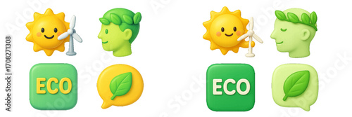 Sustainable energy and environmental protection concepts with sun, wind turbine, human head, and leaf