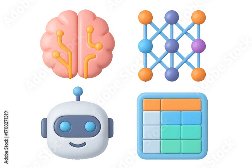 Artificial intelligence brain neural network robot head data grid icons for modern technology and digital innovation