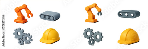 Industrial automation and safety equipment featuring robotic arms, conveyor parts, gears, and hard hats