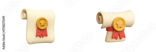 Two rolled parchment scrolls with gold medals and red ribbons symbolizing achievement, success, recognition, and quality