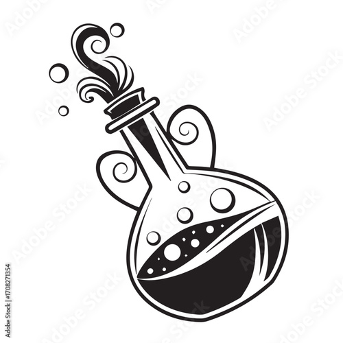 A black and white illustration of a bubbling potion in a flask, isolated on white background