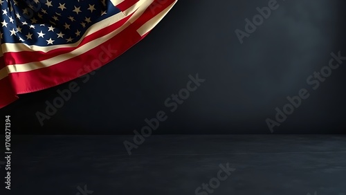 Vintage American flag border on a dark surface, minimalist patriotic decor with soft natural lighting.
