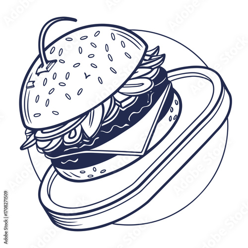 Hand-drawn monochrome burger illustration with all the classic ingredients on a serving plate